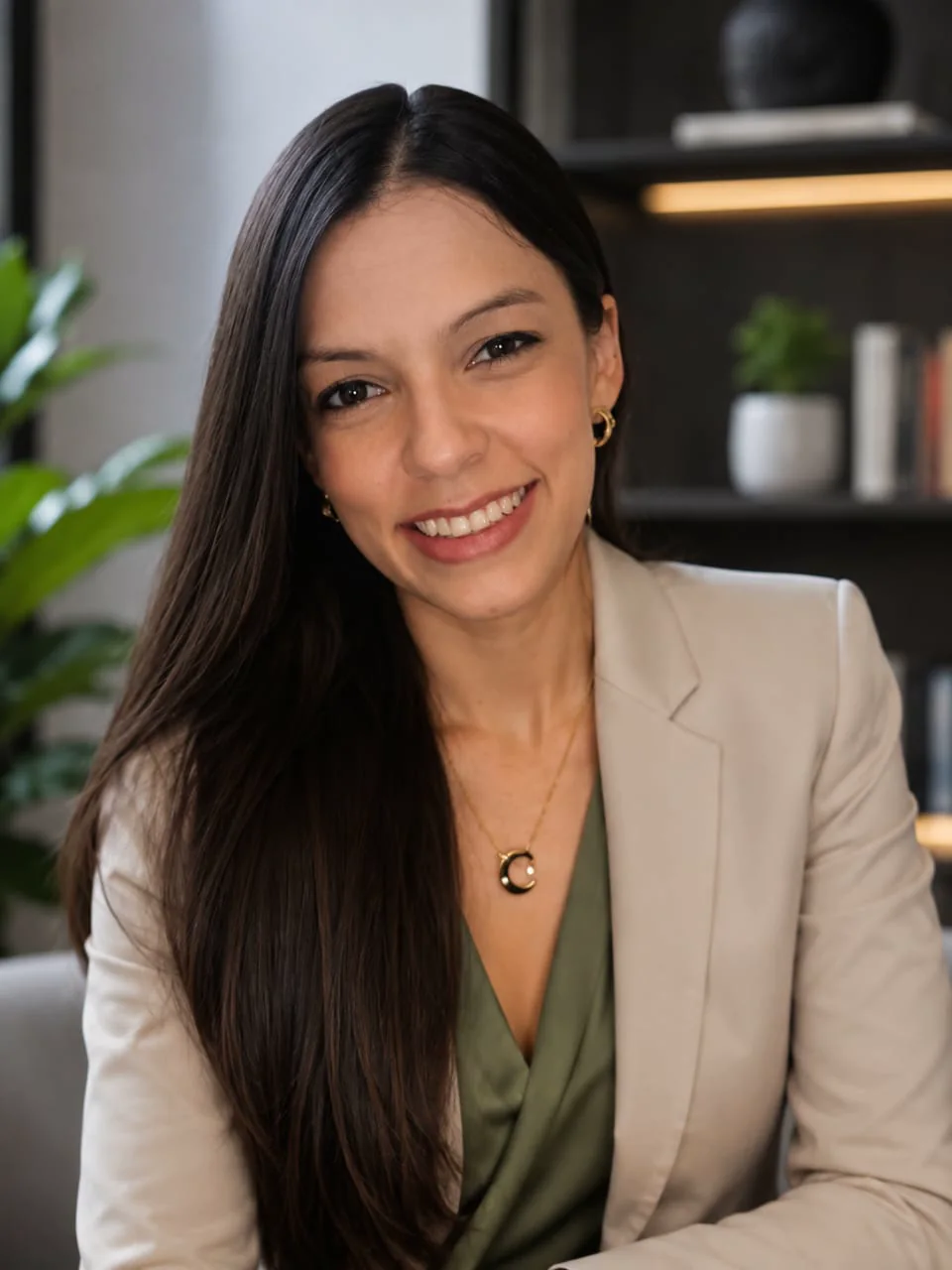 Psicóloga Lígia sorrindo em seu consultório