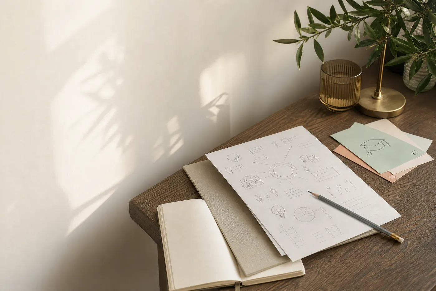 Materiais de reflexão profissional organizados sobre uma mesa